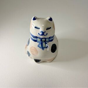 Vintage M.A. Hadley Pottery Cat Figurine - Hand Painted Blue & Pink Spotted